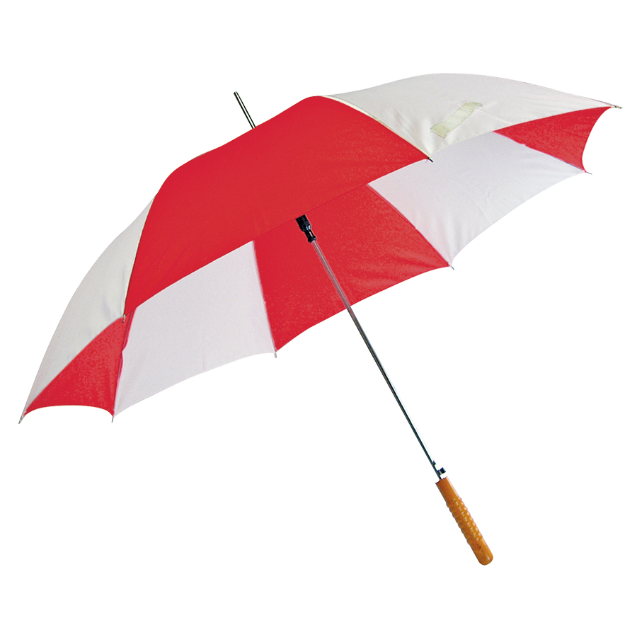 Зонт-трость "Joy" с деревянной ручкой, полуавтомат; белый с красным; D=103 cм; нейлон; шелкография