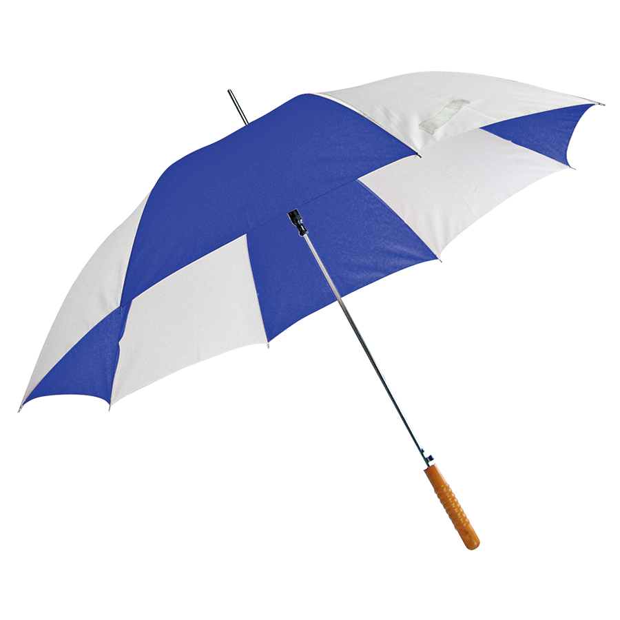 Зонт-трость "Joy" с деревянной ручкой, полуавтомат; белый с синим; D=103 cм; нейлон; шелкография